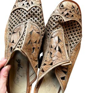 Free People Paramount Laser Cut Tan Leather Slip On Loafer Mules Women's